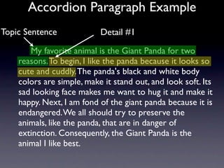Accordion Paragraph Example
Topic Sentence             Detail #1

       My favorite animal is the Giant Panda for two
    reasons. To begin, I like the panda because it looks so
    cute and cuddly. The panda's black and white body
    colors are simple, make it stand out, and look soft. Its
    sad looking face makes me want to hug it and make it
    happy. Next, I am fond of the giant panda because it is
    endangered. We all should try to preserve the
    animals, like the panda, that are in danger of
    extinction. Consequently, the Giant Panda is the
    animal I like best.
 