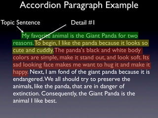 Accordion Paragraph Example
Topic Sentence             Detail #1

       My favorite animal is the Giant Panda for two
    reasons. To begin, I like the panda because it looks so
    cute and cuddly. The panda's black and white body
    colors are simple, make it stand out, and look soft. Its
    sad looking face makes me want to hug it and make it
    happy. Next, I am fond of the giant panda because it is
    endangered. We all should try to preserve the
    animals, like the panda, that are in danger of
    extinction. Consequently, the Giant Panda is the
    animal I like best.
 