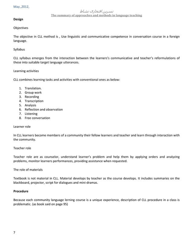 Summary of approaches and methods in language teaching | PDF