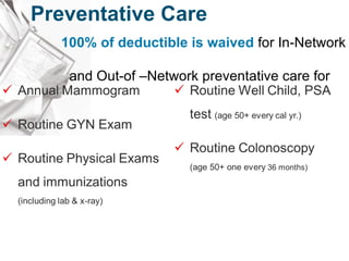 Preventative Care 100% of deductible is waived  for In-Network  and Out-of –Network preventative care for 