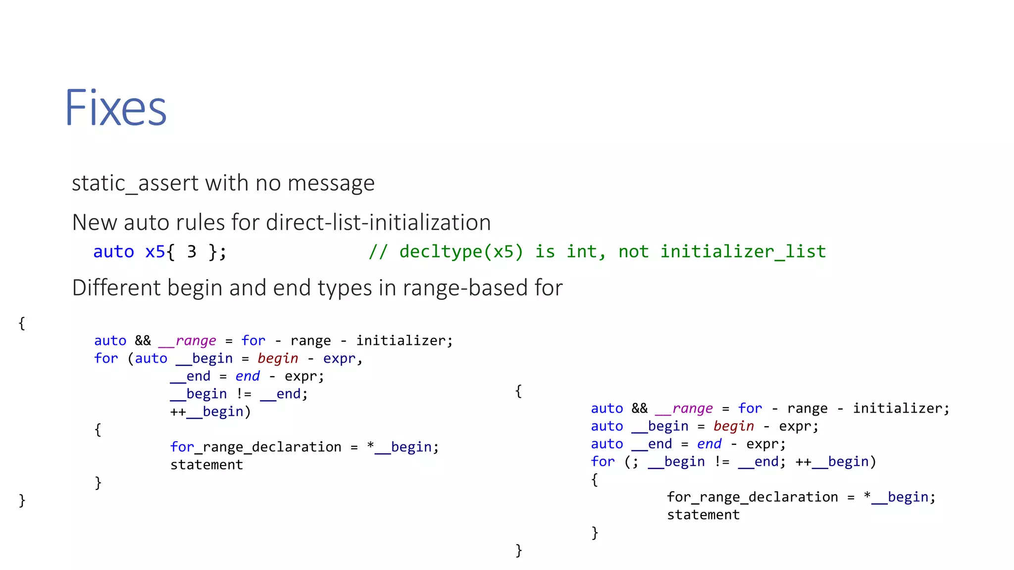 Fixes
static_assert with no message
New auto rules for direct-list-initialization
auto x5{ 3 }; // decltype(x5) is int, not initializer_list
Different begin and end types in range-based for
{
auto && __range = for - range - initializer;
for (auto __begin = begin - expr,
__end = end - expr;
__begin != __end;
++__begin)
{
for_range_declaration = *__begin;
statement
}
}
{
auto && __range = for - range - initializer;
auto __begin = begin - expr;
auto __end = end - expr;
for (; __begin != __end; ++__begin)
{
for_range_declaration = *__begin;
statement
}
}
 