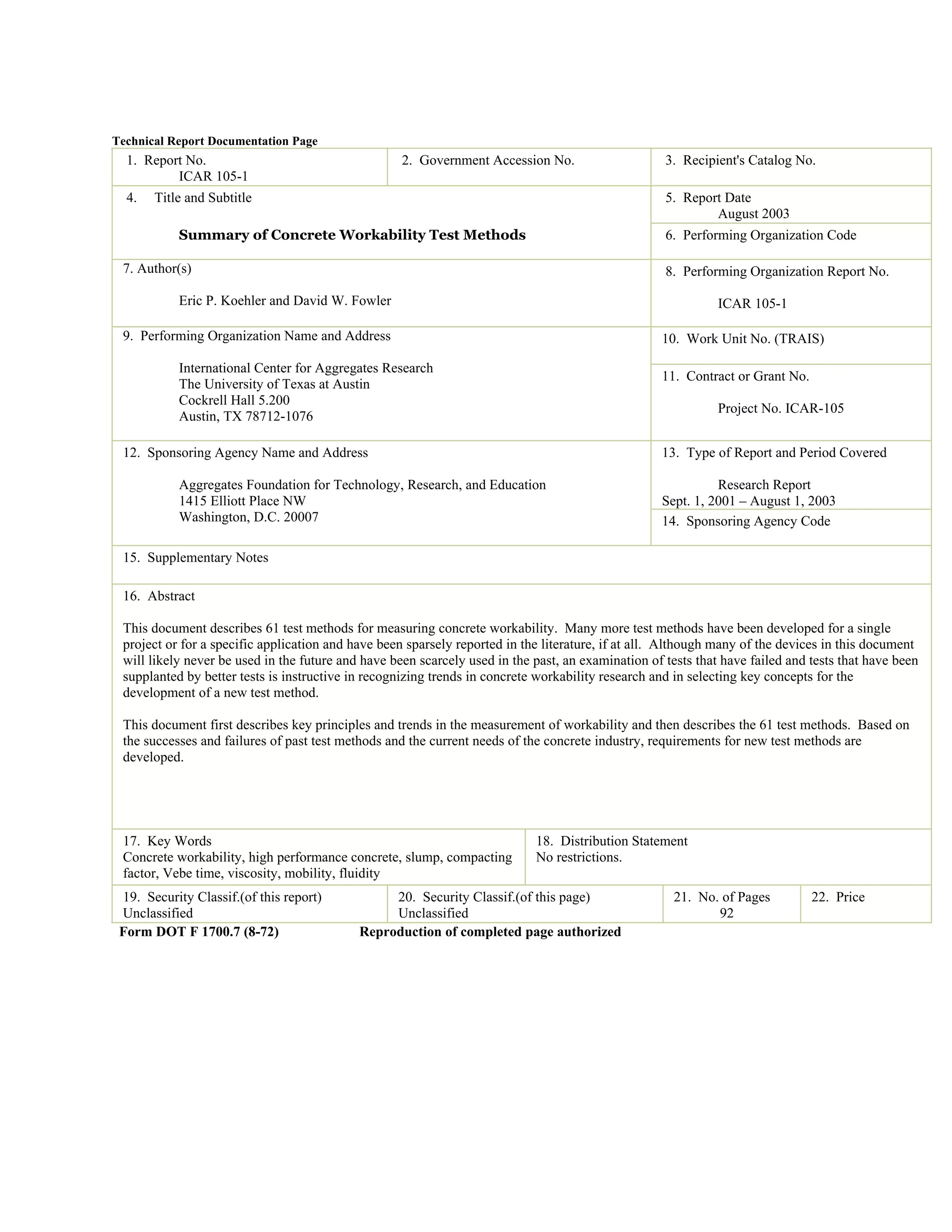 Workability Sample Test Summary of concrete workability test | PDF