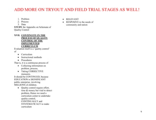 ADD MORE ON TRYOUT AND FIELD TRIAL STAGES AS WELL!
9
1. Problem
2. Process
3. Data
STUDY the Appendix on Schemata of
Quality Control
XVII. CONTINUITY IN THE
PROCESS OF QUALITY
CONTROL OF THE
IMPLEMENTED
CURRICULUM
Evaluation itself is a ‘quality control’
of
 Curriculum
 Instructional methods
 Procedures
That is, it is a continuous process of
 Collecting information on
problem, process,
 Taking CORRECTIVE
measures.
It should be CONTINUED, because
EDUCATION is SIGNIFICANT
public enterprise, involving
MILLIONS of children.
 Quality control require effort,
time & money but vital to detect
problem, Hence we need a
curriculum center to undertake
quality control,
CONTINUALLY and
SYSTEMATICALY to make
curriculum
 RELEVANT
 RESPOSIVE to the needs of
community and nation
 