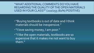 “WHAT ADDITIONAL COMMENTS DOYOU HAVE
REGARDINGTHE QUALITY OFTHE OPEN MATERIALS
USED INYOUR CLASS?” (210/255 (82%) POSITIVE...