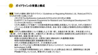 ? ܥåҎƤv륬ɥ饤 Guidelines on Regulating RoboticsϡRoboLawץ
Ȥ2014˹
 ꥢThe BioRobotics InstituteʤɤĤȤʤ2012gʩ
 EUFP77 th Framework Programme for Research and Technological Developmentץ
Ȥs150`
 ꥹܥԤˤ֪R٩`ŷݽUgΘBǰȤƤ뤿ᡢܥåȼgΥ
Υ٩`MǤҎƤΖMߤγɡ?ȫ?xʤaĤĿĤȤ{
n}
? ɣܥåȤҎƤvSˤĤƸQϤǣ 1£Ԅ܇ 2£g֧Ԯƥ
3£ܥåx֫ 4£oܥåȣ 5£ȤҰe˂ķȷķФä
ߵʾ򌧤YՓ 6£٤
 ǰȤʤ뼼gʤ뤿ᡢҰe˗ӑ{Ĥ˹ͨn}Փ
 ˾oߵn}xkҽҰत
 ܥåȤ_ʶxФ鷺 5ĤҪؤ
 x֫?ץȤʤg򏊻륨ϥ󥹥ȣ human enhancement
technologies⌝
 ꥽`޽rgƼsˤꡢˤʤäҰ⤢루СH܊·˂S댟
T֪R㤷Ƥᡢ܊¥ܥåȤϒQäƤʤ
ɥ饤αȘ
2
 