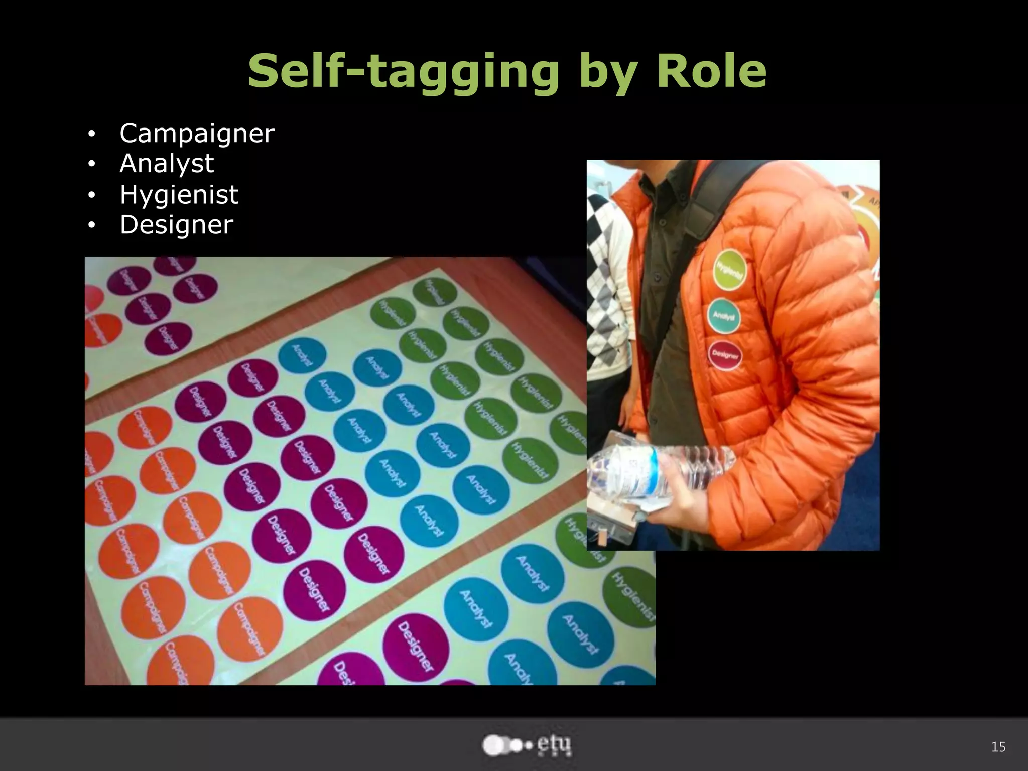 15
Self-tagging by Role
•  Campaigner
•  Analyst
•  Hygienist
•  Designer
 