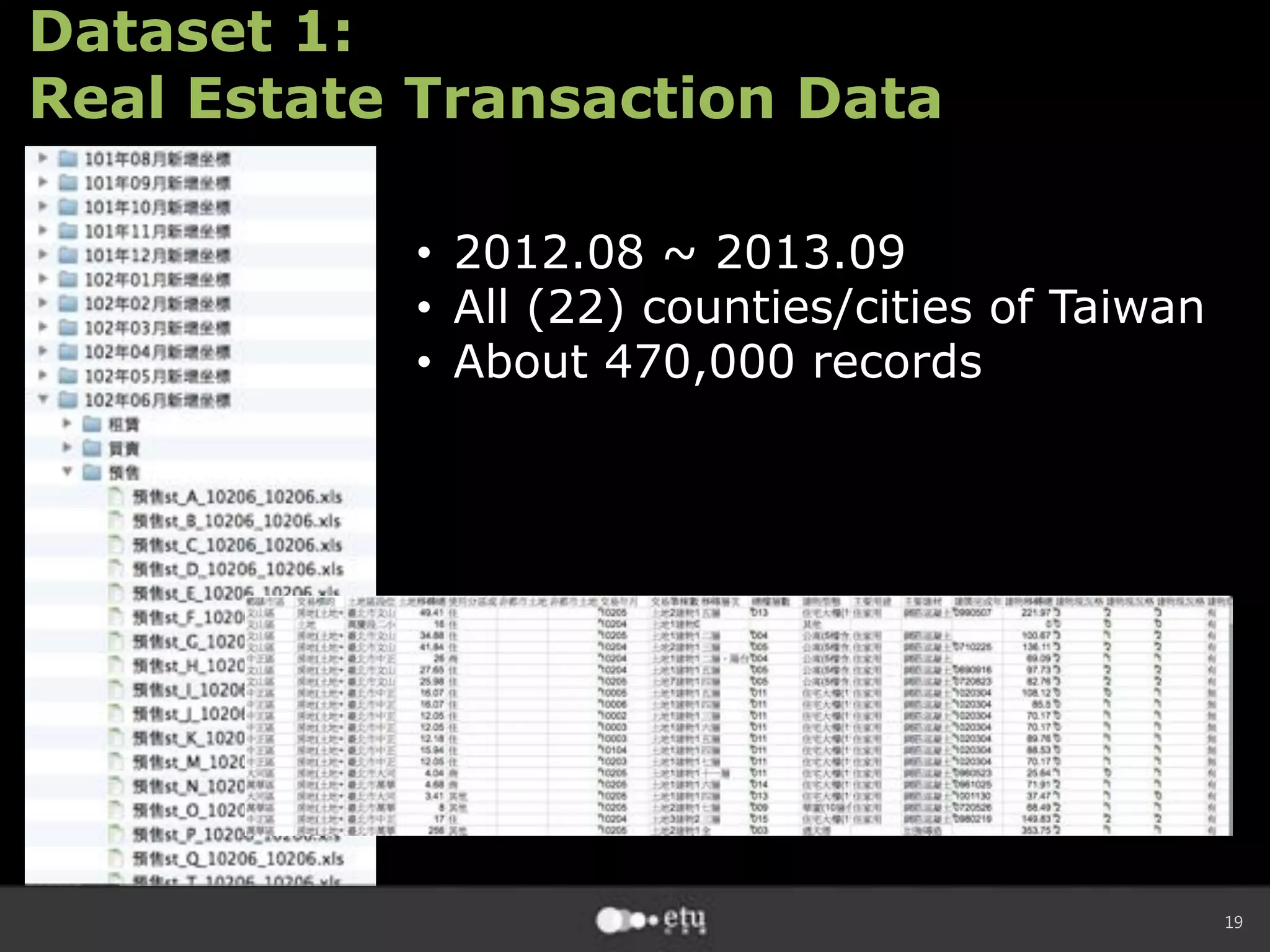 19
•  2012.08 ~ 2013.09
•  All (22) counties/cities of Taiwan
•  About 470,000 records
Dataset 1:
Real Estate Transaction Data

 