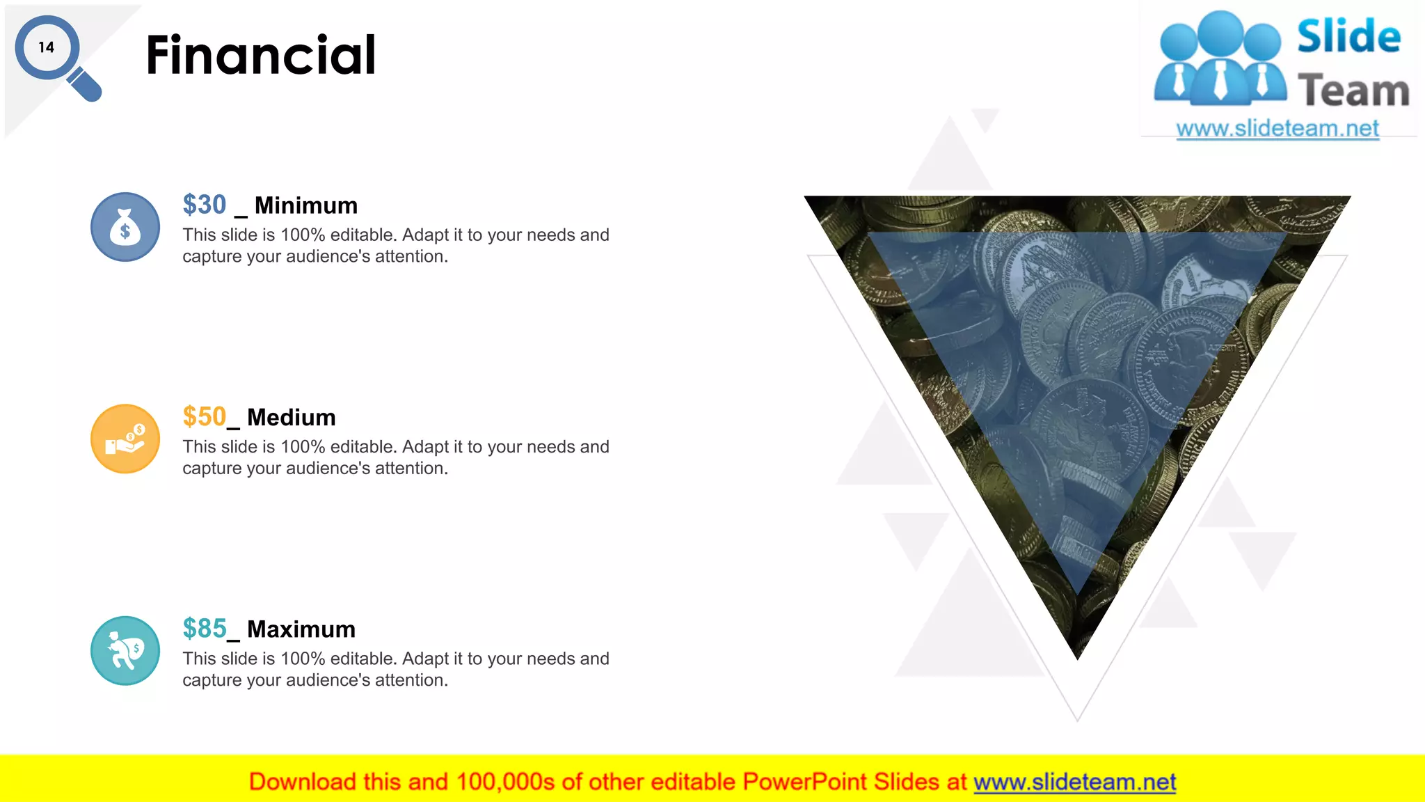 Financial14
This slide is 100% editable. Adapt it to your needs and
capture your audience's attention.
$30 _ Minimum
This slide is 100% editable. Adapt it to your needs and
capture your audience's attention.
$50_ Medium
This slide is 100% editable. Adapt it to your needs and
capture your audience's attention.
$85_ Maximum
 