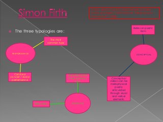 “music videos may be characterised by three
broad typologies: Performance, Narrative and
Conceptual” (1988)



Relies on ...