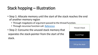 Stack hopping – Illustration
• Step 1: Allocate memory until the start of the stack reaches the end
of another memory region
• Through megabytes of argument passed to the thread function.
• Through recursive function call. Reference
• Step 2: Consume the unused stack memory that
separates the stack-pointer from the start of the
stack.
Guard Page
Thread 2 Stack
Fill up the stack
 
