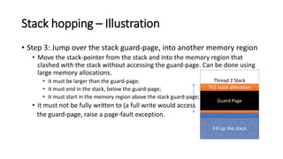 Stack hopping – Illustration
• Step 3: Jump over the stack guard-page, into another memory region
• Move the stack-pointer from the stack and into the memory region that
clashed with the stack without accessing the guard-page. Can be done using
large memory allocations.
• it must be larger than the guard-page;
• it must end in the stack, below the guard-page;
• it must start in the memory region above the stack guard-page;
• it must not be fully written to (a full write would access
the guard-page, raise a page-fault exception.
Guard Page
Thread 2 Stack
Fill up the stack
Th1 stack allocation
 