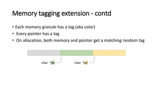 Memory tagging extension - contd
• Each memory granule has a tag (aka color)
• Every pointer has a tag
• On allocation, both memory and pointer get a matching random tag
 