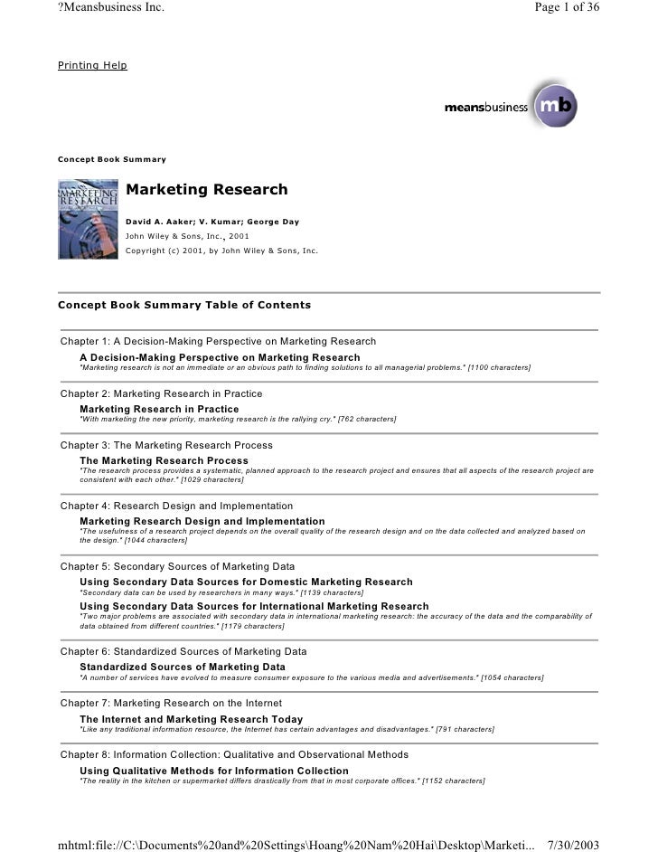Summary Of Marketing Research By Aaker