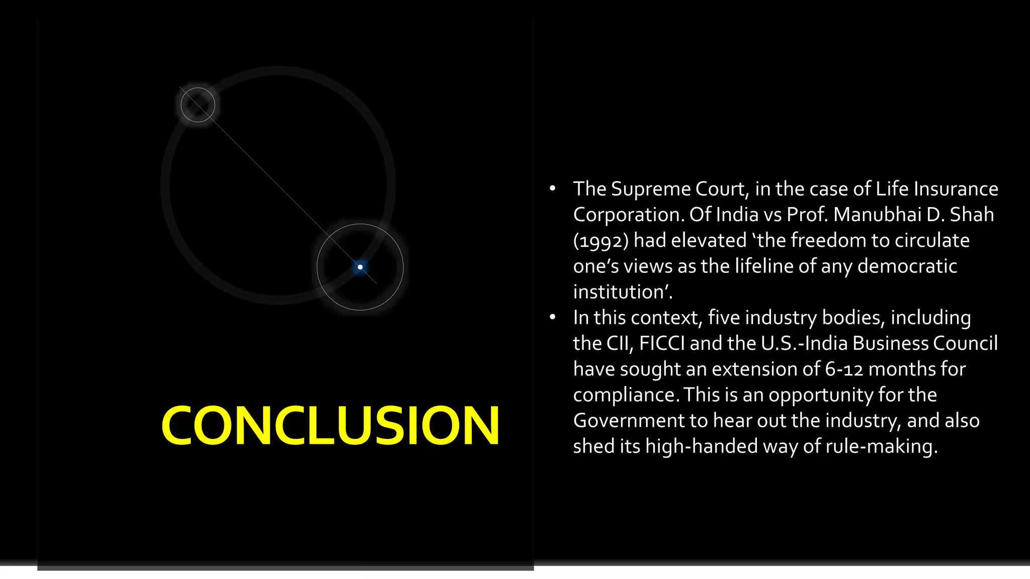 CONCLUSION
• The Supreme Court, in the case of Life Insurance
Corporation.Of India vs Prof. Manubhai D. Shah
(1992) had elevated ‘the freedom to circulate
one’s views as the lifeline of any democratic
institution’.
• In this context, five industry bodies, including
the CII, FICCI and the U.S.-India Business Council
have sought an extension of 6-12 months for
compliance.This is an opportunity for the
Government to hear out the industry, and also
shed its high-handed way of rule-making.
 
