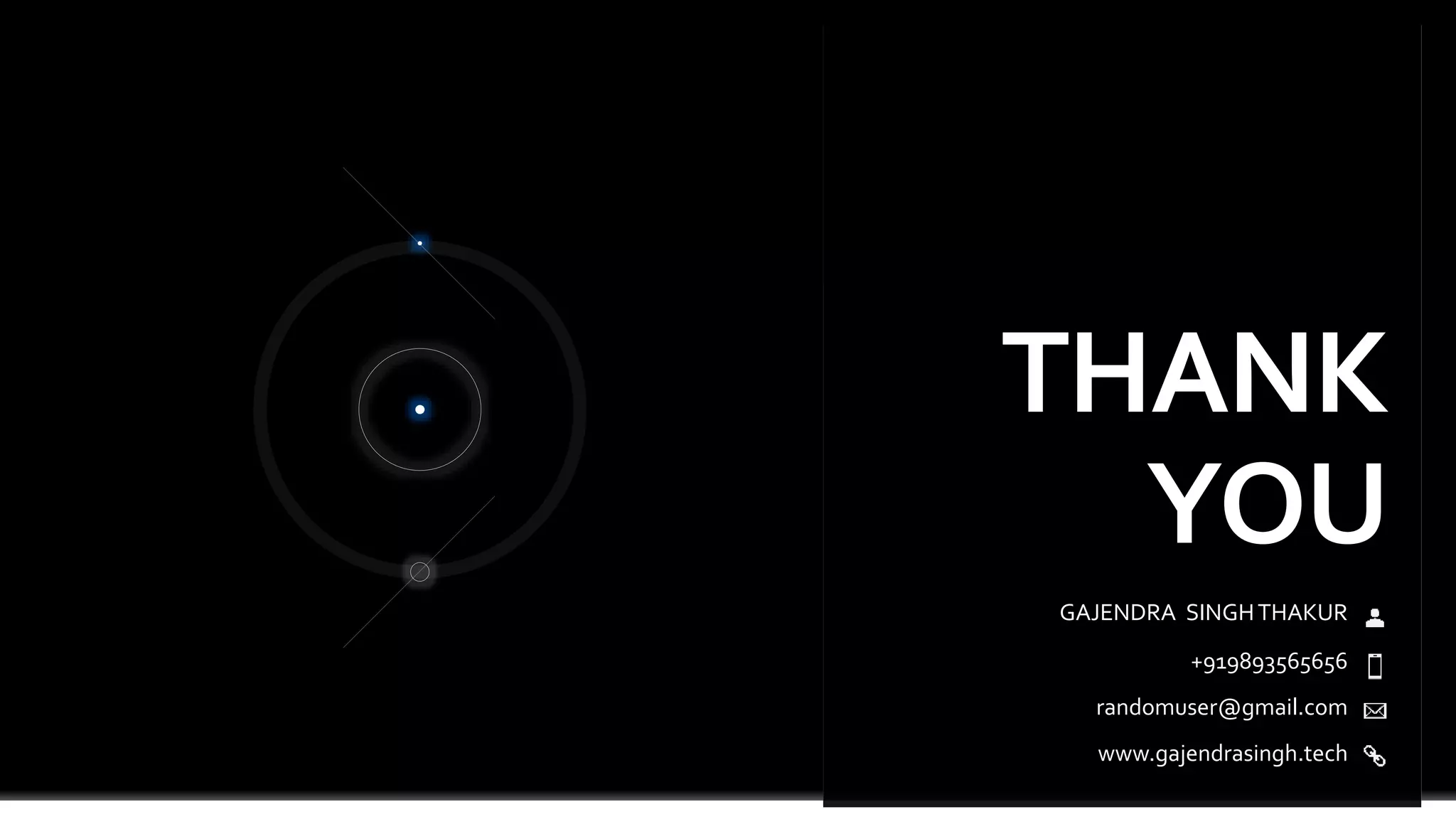 THANK
YOU
GAJENDRA SINGHTHAKUR
+919893565656
randomuser@gmail.com
www.gajendrasingh.tech
 