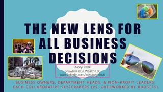 THE NEW LENS FOR
ALL BUSINESS
DECISIONS
B U S I N E S S O W N E R S , D E PA R T M E N T H E A D S , & N O N - P R O F I T L E A D E R S :
E A C H C O L L A B O R AT I V E S K Y S C R A P E R S ( V S . O V E R W O R K E D B Y B U D G E T S )
Stacey Pinski
Snowball Your Wealth LLC
www.linkedin.com/in/staceypinski
 