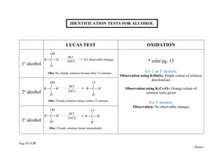 Page 17 of 35
- Rimau -
LUCAS TEST OXIDATION
1o
alcohol
* refer pg. 15
For 1o
an 2o
alcohols;
Observation using KMnO4: Pur...