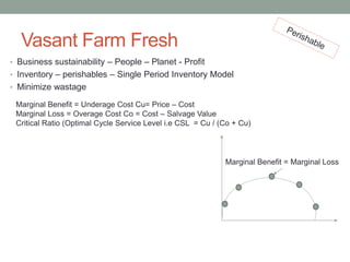 Vasant Farm Fresh
• Business sustainability – People – Planet - Profit
• Inventory – perishables – Single Period Inventory Model
• Minimize wastage
Marginal Benefit = Marginal Loss
Marginal Benefit = Underage Cost Cu= Price – Cost
Marginal Loss = Overage Cost Co = Cost – Salvage Value
Critical Ratio (Optimal Cycle Service Level i.e CSL = Cu / (Co + Cu)
 