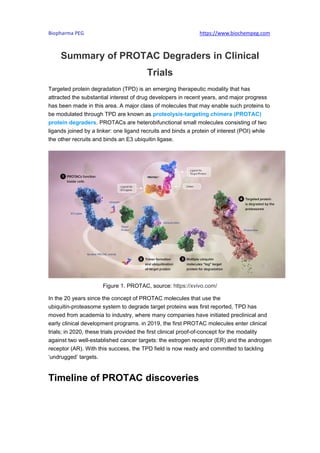 Biopharma PEG https://www.biochempeg.com
Summary of PROTAC Degraders in Clinical
Trials
Targeted protein degradation (TPD) is an emerging therapeutic modality that has
attracted the substantial interest of drug developers in recent years, and major progress
has been made in this area. A major class of molecules that may enable such proteins to
be modulated through TPD are known as proteolysis-targeting chimera (PROTAC)
protein degraders. PROTACs are heterobifunctional small molecules consisting of two
ligands joined by a linker: one ligand recruits and binds a protein of interest (POI) while
the other recruits and binds an E3 ubiquitin ligase.
Figure 1. PROTAC, source: https://xvivo.com/
In the 20 years since the concept of PROTAC molecules that use the
ubiquitin-proteasome system to degrade target proteins was first reported, TPD has
moved from academia to industry, where many companies have initiated preclinical and
early clinical development programs. in 2019, the first PROTAC molecules enter clinical
trials; in 2020, these trials provided the first clinical proof-of-concept for the modality
against two well-established cancer targets: the estrogen receptor (ER) and the androgen
receptor (AR). With this success, the TPD field is now ready and committed to tackling
‘undrugged’ targets.
Timeline of PROTAC discoveries
 
