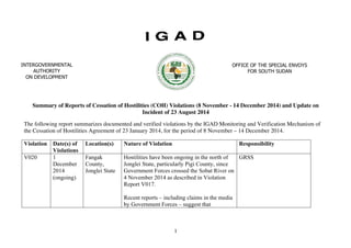 Summary of Reports of Cessation of Hostilities (COH) Violations (8 November - 14 December 2014) and Update on 
Incident of 23 August 2014 
The following report summarizes documented and verified violations by the IGAD Monitoring and Verification Mechanism of 
the Cessation of Hostilities Agreement of 23 January 2014, for the period of 8 November – 14 December 2014. 
Violation Date(s) of 
1 
Violations 
Location(s) Nature of Violation Responsibility 
V020 1 
December 
2014 
(ongoing) 
Fangak 
County, 
Jonglei State 
Hostilities have been ongoing in the north of 
Jonglei State, particularly Pigi County, since 
Government Forces crossed the Sobat River on 
4 November 2014 as described in Violation 
Report V017. 
Recent reports – including claims in the media 
by Government Forces – suggest that 
GRSS 
INTERGOVERNMENTAL 
AUTHORITY 
ON DEVELOPMENT 
OFFICE OF THE SPECIAL ENVOYS 
FOR SOUTH SUDAN 
 