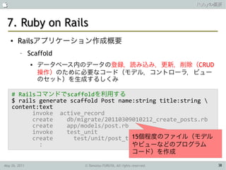                                                                     Rubyの概要



 7. Ruby on Rails
    ●   Railsアプリケーション作成概要
         –     Scaffold
                   データベース内のデータの登録，読み込み，更新，削除（CRUD
                    操作）のために必要なコード（モデル，コントローラ，ビュー
                    のセット）を生成するしくみ

    # Railsコマンドでscaffoldを利用する
    $ rails generate scaffold Post name:string title:string 
    content:text
          invoke active_record
          create    db/migrate/20110309010212_create_posts.rb
          create    app/models/post.rb
          invoke    test_unit
          create                       15個程度のファイル（モデル
                      test/unit/post_test.rb
            :                          やビューなどのプログラム
                                       コード）を作成

May 26, 2011                © Tamotsu FURUYA, All rights reserved.        38
 