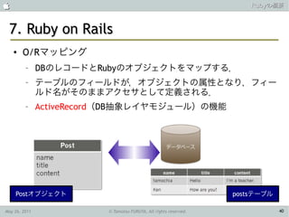                                                                       Rubyの概要



 7. Ruby on Rails
    ●   O/Rマッピング
         –     DBのレコードとRubyのオブジェクトをマップする．
         –     テーブルのフィールドが，オブジェクトの属性となり，フィー
               ルド名がそのままアクセサとして定義される．
         –     ActiveRecord（DB抽象レイヤモジュール）の機能




    Postオブジェクト                                                     postsテーブル

May 26, 2011              © Tamotsu FURUYA, All rights reserved.               40
 