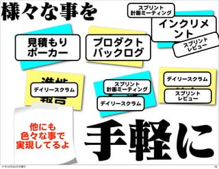 スプリント
                                  計画ミーティング

                                          要件の
                                         インクリメ
                                           ント ト
                                           確認
                 見積もり        プロダクト
                   積り
                                                  ン

                 見
                 ポーカー
                              計画
                             バックログ
                                              ス プリ ー
                                               レビ
                                                  ュ




                   進捗                        情報
                                         デイリースクラム

                                スク
                               スプリント
                  デイリースクラム
                   報告         リ
                              計画ミーティング
                                             共有
                                             スプリント

                               対 策
                             デイリースクラム
                                              レビュー




                  aanndd
                  他にも
                色々な事で
                 mmoorree
               実現してるよ

11   10   24                                           55
 
