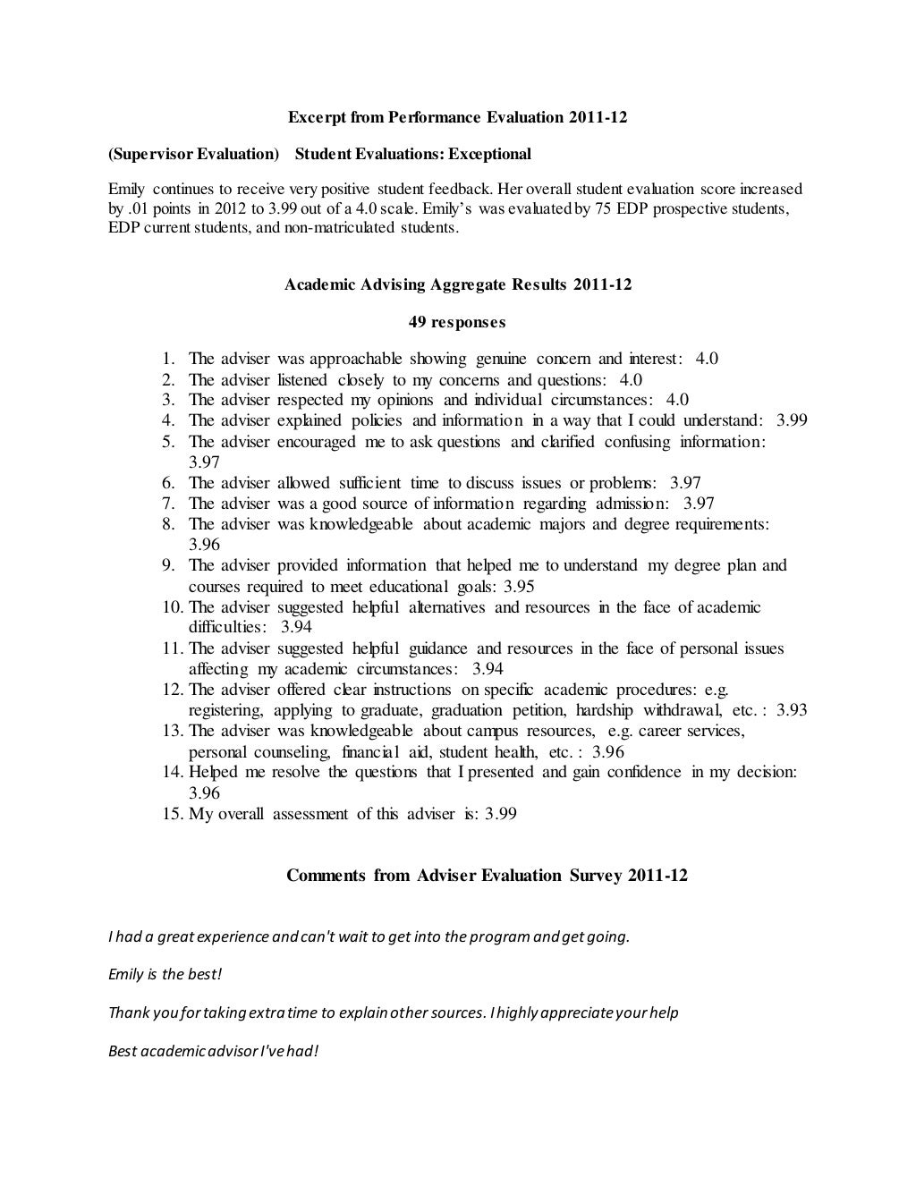 Student Evaluation & Comments as UW Senior Academic Counselor 2011-21…