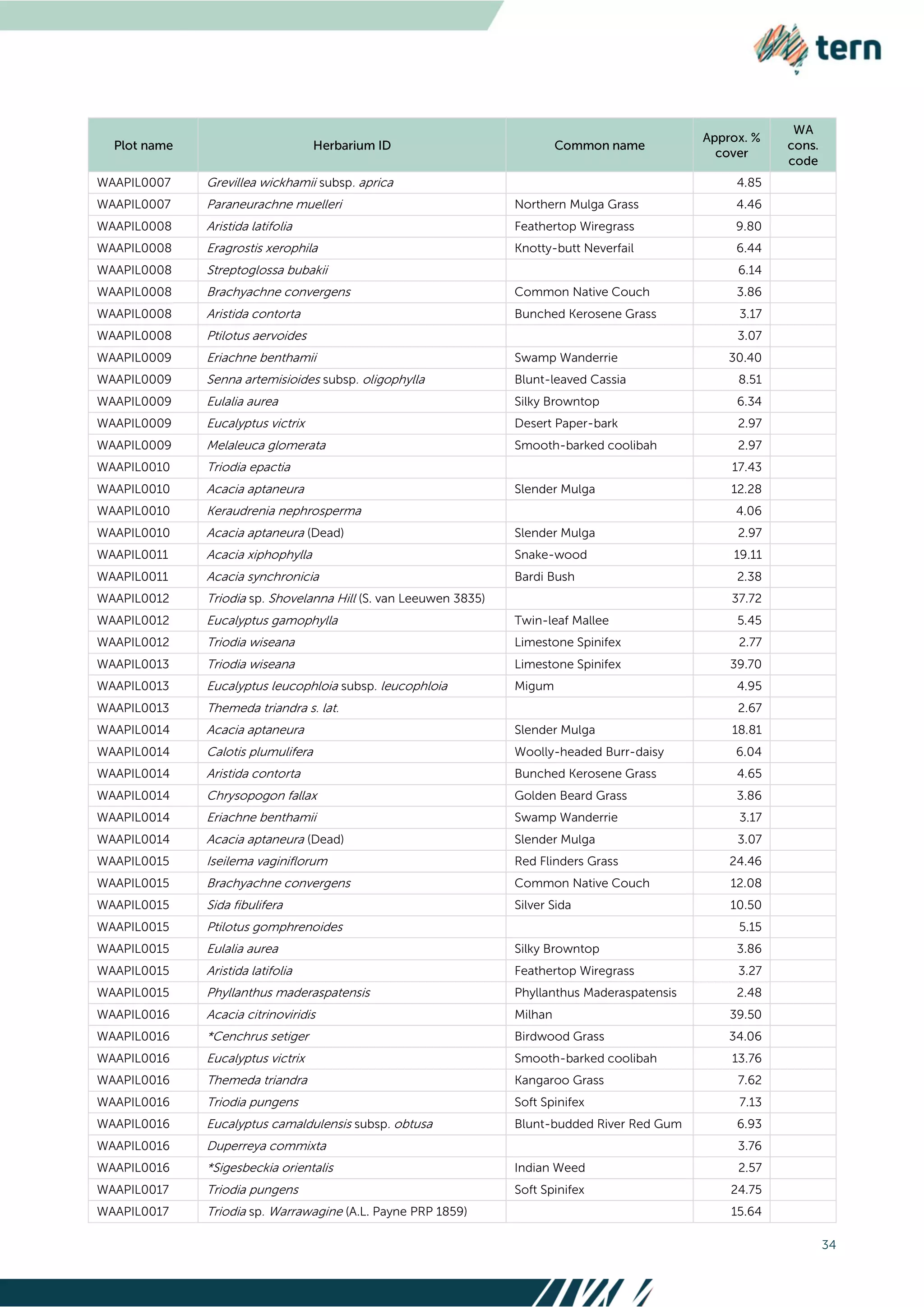34
WAAPIL0007 Grevillea wickhamii subsp. aprica 4.85
WAAPIL0007 Paraneurachne muelleri Northern Mulga Grass 4.46
WAAPIL0008 Aristida latifolia Feathertop Wiregrass 9.80
WAAPIL0008 Eragrostis xerophila Knotty-butt Neverfail 6.44
WAAPIL0008 Streptoglossa bubakii 6.14
WAAPIL0008 Brachyachne convergens Common Native Couch 3.86
WAAPIL0008 Aristida contorta Bunched Kerosene Grass 3.17
WAAPIL0008 Ptilotus aervoides 3.07
WAAPIL0009 Eriachne benthamii Swamp Wanderrie 30.40
WAAPIL0009 Senna artemisioides subsp. oligophylla Blunt-leaved Cassia 8.51
WAAPIL0009 Eulalia aurea Silky Browntop 6.34
WAAPIL0009 Eucalyptus victrix Desert Paper-bark 2.97
WAAPIL0009 Melaleuca glomerata Smooth-barked coolibah 2.97
WAAPIL0010 Triodia epactia 17.43
WAAPIL0010 Acacia aptaneura Slender Mulga 12.28
WAAPIL0010 Keraudrenia nephrosperma 4.06
WAAPIL0010 Acacia aptaneura (Dead) Slender Mulga 2.97
WAAPIL0011 Acacia xiphophylla Snake-wood 19.11
WAAPIL0011 Acacia synchronicia Bardi Bush 2.38
WAAPIL0012 Triodia sp. Shovelanna Hill (S. van Leeuwen 3835) 37.72
WAAPIL0012 Eucalyptus gamophylla Twin-leaf Mallee 5.45
WAAPIL0012 Triodia wiseana Limestone Spinifex 2.77
WAAPIL0013 Triodia wiseana Limestone Spinifex 39.70
WAAPIL0013 Eucalyptus leucophloia subsp. leucophloia Migum 4.95
WAAPIL0013 Themeda triandra s. lat. 2.67
WAAPIL0014 Acacia aptaneura Slender Mulga 18.81
WAAPIL0014 Calotis plumulifera Woolly-headed Burr-daisy 6.04
WAAPIL0014 Aristida contorta Bunched Kerosene Grass 4.65
WAAPIL0014 Chrysopogon fallax Golden Beard Grass 3.86
WAAPIL0014 Eriachne benthamii Swamp Wanderrie 3.17
WAAPIL0014 Acacia aptaneura (Dead) Slender Mulga 3.07
WAAPIL0015 Iseilema vaginiflorum Red Flinders Grass 24.46
WAAPIL0015 Brachyachne convergens Common Native Couch 12.08
WAAPIL0015 Sida fibulifera Silver Sida 10.50
WAAPIL0015 Ptilotus gomphrenoides 5.15
WAAPIL0015 Eulalia aurea Silky Browntop 3.86
WAAPIL0015 Aristida latifolia Feathertop Wiregrass 3.27
WAAPIL0015 Phyllanthus maderaspatensis Phyllanthus Maderaspatensis 2.48
WAAPIL0016 Acacia citrinoviridis Milhan 39.50
WAAPIL0016 *Cenchrus setiger Birdwood Grass 34.06
WAAPIL0016 Eucalyptus victrix Smooth-barked coolibah 13.76
WAAPIL0016 Themeda triandra Kangaroo Grass 7.62
WAAPIL0016 Triodia pungens Soft Spinifex 7.13
WAAPIL0016 Eucalyptus camaldulensis subsp. obtusa Blunt-budded River Red Gum 6.93
WAAPIL0016 Duperreya commixta 3.76
WAAPIL0016 *Sigesbeckia orientalis Indian Weed 2.57
WAAPIL0017 Triodia pungens Soft Spinifex 24.75
WAAPIL0017 Triodia sp. Warrawagine (A.L. Payne PRP 1859) 15.64
 