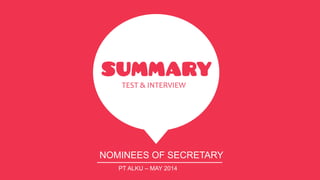 TEST & INTERVIEW
NOMINEES OF SECRETARY
PT ALKU – MAY 2014
 