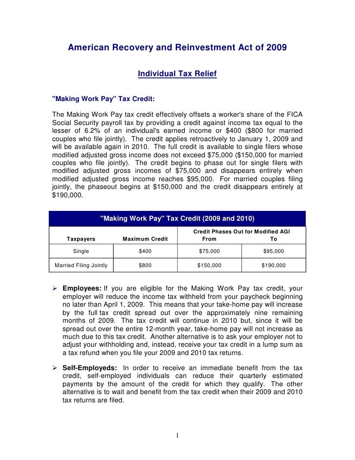 Summary Of The American Recovery And Reinvestment Act Of 2009