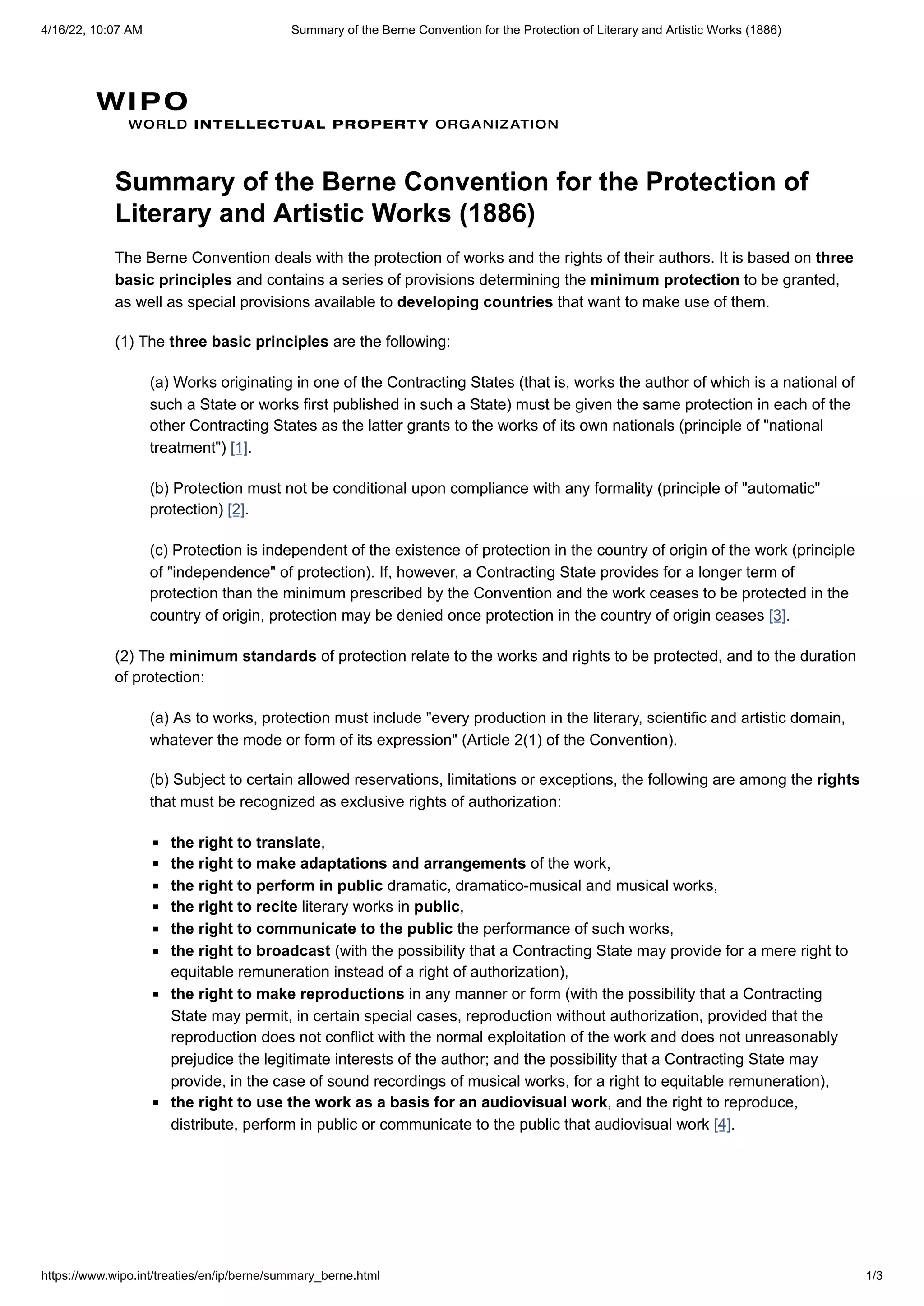 Summary of the Berne Convention for the Protection of Literary and ...