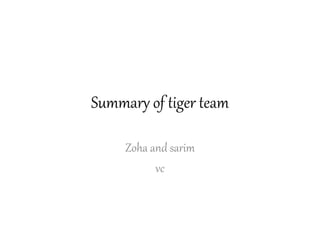 Summary of tiger team
Zoha and sarim
vc
 