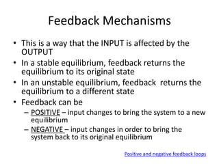 Feedback Mechanisms
• This is a way that the INPUT is affected by the
OUTPUT
• In a stable equilibrium, feedback returns the
equilibrium to its original state
• In an unstable equilibrium, feedback returns the
equilibrium to a different state
• Feedback can be
– POSITIVE – input changes to bring the system to a new
equilibrium
– NEGATIVE – input changes in order to bring the
system back to its original equilibrium
Positive and negative feedback loops
 