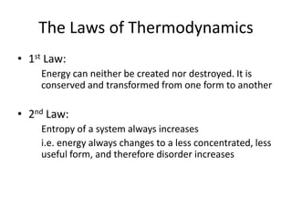 The Laws of Thermodynamics
• 1st Law:
Energy can neither be created nor destroyed. It is
conserved and transformed from one form to another
• 2nd Law:
Entropy of a system always increases
i.e. energy always changes to a less concentrated, less
useful form, and therefore disorder increases
 