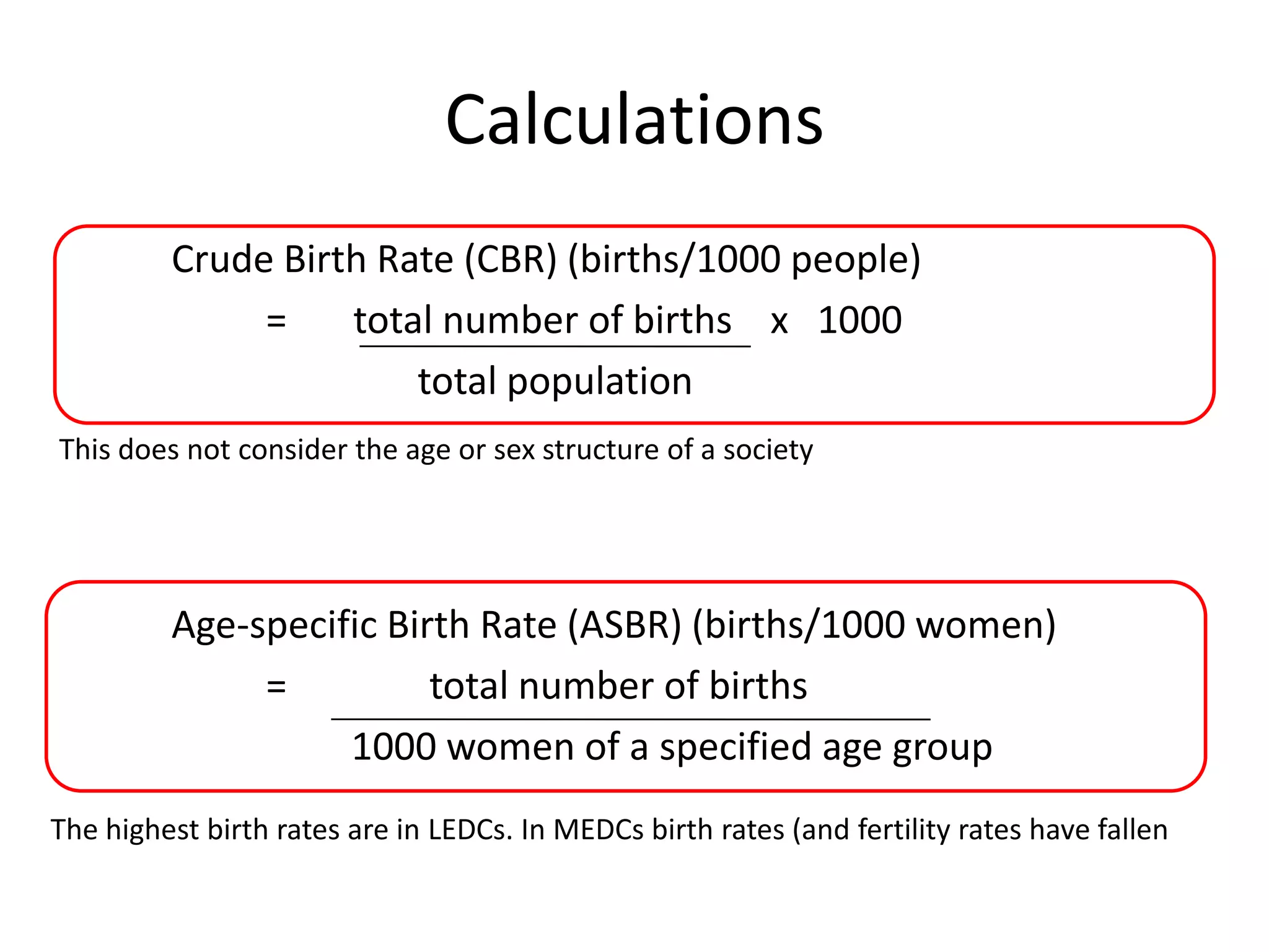 Calculations
Crude Birth Rate (CBR) (births/1000 people)
= total number of births x 1000
total population
Age-specific Birth Rate (ASBR) (births/1000 women)
= total number of births
1000 women of a specified age group
This does not consider the age or sex structure of a society
The highest birth rates are in LEDCs. In MEDCs birth rates (and fertility rates have fallen
 
