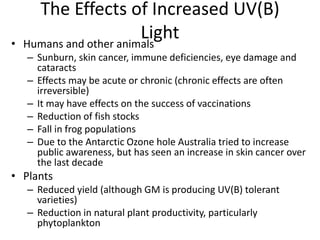 The Effects of Increased UV(B)
Light• Humans and other animals
– Sunburn, skin cancer, immune deficiencies, eye damage and
cataracts
– Effects may be acute or chronic (chronic effects are often
irreversible)
– It may have effects on the success of vaccinations
– Reduction of fish stocks
– Fall in frog populations
– Due to the Antarctic Ozone hole Australia tried to increase
public awareness, but has seen an increase in skin cancer over
the last decade
• Plants
– Reduced yield (although GM is producing UV(B) tolerant
varieties)
– Reduction in natural plant productivity, particularly
phytoplankton
 