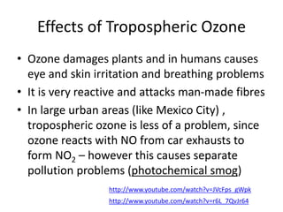 Effects of Tropospheric Ozone
• Ozone damages plants and in humans causes
eye and skin irritation and breathing problems
• It is very reactive and attacks man-made fibres
• In large urban areas (like Mexico City) ,
tropospheric ozone is less of a problem, since
ozone reacts with NO from car exhausts to
form NO2 – however this causes separate
pollution problems (photochemical smog)
http://www.youtube.com/watch?v=JVcFps_gWpk
http://www.youtube.com/watch?v=r6L_7QvJr64
 
