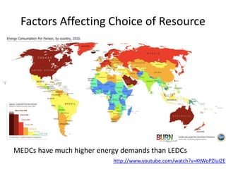 Factors Affecting Choice of Resource
MEDCs have much higher energy demands than LEDCs
http://www.youtube.com/watch?v=KtWoPZluI2E
 