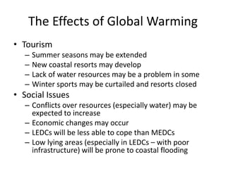 The Effects of Global Warming
• Tourism
– Summer seasons may be extended
– New coastal resorts may develop
– Lack of water resources may be a problem in some
– Winter sports may be curtailed and resorts closed
• Social Issues
– Conflicts over resources (especially water) may be
expected to increase
– Economic changes may occur
– LEDCs will be less able to cope than MEDCs
– Low lying areas (especially in LEDCs – with poor
infrastructure) will be prone to coastal flooding
 