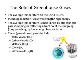 The Role of Greenhouse Gases
• The average temperature on the Earth is 15oC
• Incoming radiation is low wavelength/ high energy
• The average temperature is maintained by atmospheric
gases trapping or reflecting a fraction of the outgoing
(long wavelength/ low energy) heat radiation
• These (greenhouse) gases include:
– Water vapour (H2O)
– Carbon dioxide (CO2)
– Methane (CH4)
– Ozone (O3)
– Nitrous oxide (N2O)
 
