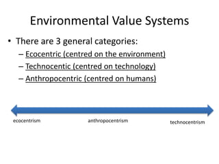 Environmental Value Systems
• There are 3 general categories:
– Ecocentric (centred on the environment)
– Technocentic (centred on technology)
– Anthropocentric (centred on humans)
ecocentrism anthropocentrism technocentrism
 