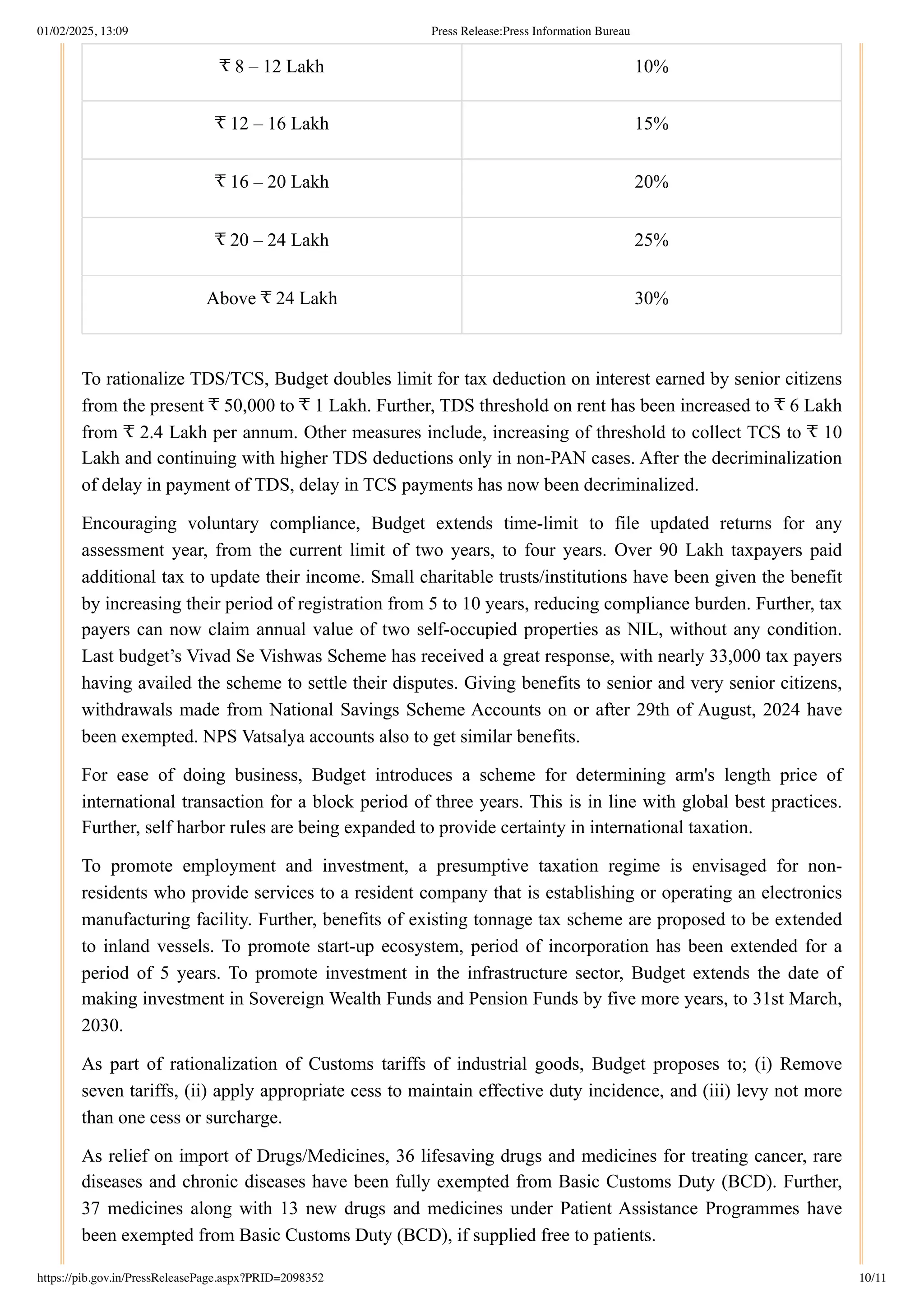 ₹ 8 – 12 Lakh 10%
₹ 12 – 16 Lakh 15%
₹ 16 – 20 Lakh 20%
₹ 20 – 24 Lakh 25%
Above ₹ 24 Lakh 30%
To rationalize TDS/TCS, Budget doubles limit for tax deduction on interest earned by senior citizens
from the present ₹ 50,000 to ₹ 1 Lakh. Further, TDS threshold on rent has been increased to ₹ 6 Lakh
from ₹ 2.4 Lakh per annum. Other measures include, increasing of threshold to collect TCS to ₹ 10
Lakh and continuing with higher TDS deductions only in non-PAN cases. After the decriminalization
of delay in payment of TDS, delay in TCS payments has now been decriminalized.
Encouraging voluntary compliance, Budget extends time-limit to file updated returns for any
assessment year, from the current limit of two years, to four years. Over 90 Lakh taxpayers paid
additional tax to update their income. Small charitable trusts/institutions have been given the benefit
by increasing their period of registration from 5 to 10 years, reducing compliance burden. Further, tax
payers can now claim annual value of two self-occupied properties as NIL, without any condition.
Last budget’s Vivad Se Vishwas Scheme has received a great response, with nearly 33,000 tax payers
having availed the scheme to settle their disputes. Giving benefits to senior and very senior citizens,
withdrawals made from National Savings Scheme Accounts on or after 29th of August, 2024 have
been exempted. NPS Vatsalya accounts also to get similar benefits.
For ease of doing business, Budget introduces a scheme for determining arm's length price of
international transaction for a block period of three years. This is in line with global best practices.
Further, self harbor rules are being expanded to provide certainty in international taxation.
To promote employment and investment, a presumptive taxation regime is envisaged for non-
residents who provide services to a resident company that is establishing or operating an electronics
manufacturing facility. Further, benefits of existing tonnage tax scheme are proposed to be extended
to inland vessels. To promote start-up ecosystem, period of incorporation has been extended for a
period of 5 years. To promote investment in the infrastructure sector, Budget extends the date of
making investment in Sovereign Wealth Funds and Pension Funds by five more years, to 31st March,
2030.
As part of rationalization of Customs tariffs of industrial goods, Budget proposes to; (i) Remove
seven tariffs, (ii) apply appropriate cess to maintain effective duty incidence, and (iii) levy not more
than one cess or surcharge.
As relief on import of Drugs/Medicines, 36 lifesaving drugs and medicines for treating cancer, rare
diseases and chronic diseases have been fully exempted from Basic Customs Duty (BCD). Further,
37 medicines along with 13 new drugs and medicines under Patient Assistance Programmes have
been exempted from Basic Customs Duty (BCD), if supplied free to patients.
01/02/2025, 13:09 Press Release:Press Information Bureau
https://pib.gov.in/PressReleasePage.aspx?PRID=2098352 10/11
 