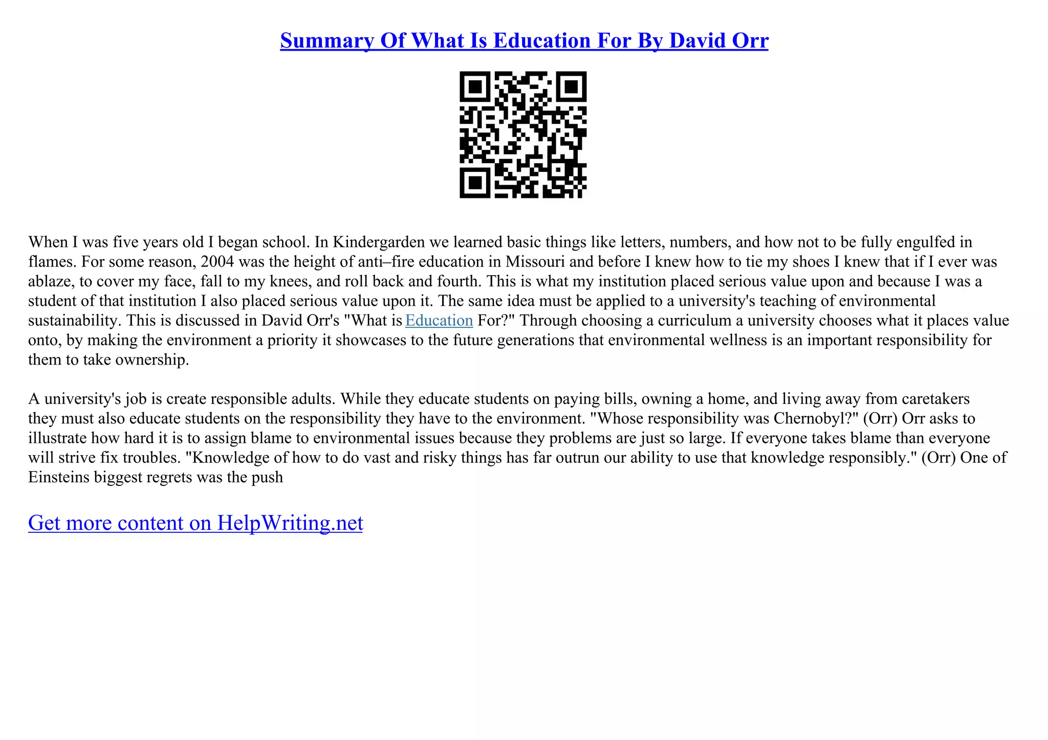 Summary Of What Is Education For By David Orr | PPT