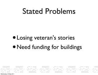 Stated Problems


                  • Losing veteran's stories
                  • Need funding for buildings



Wednesday, 25 May 2011
 