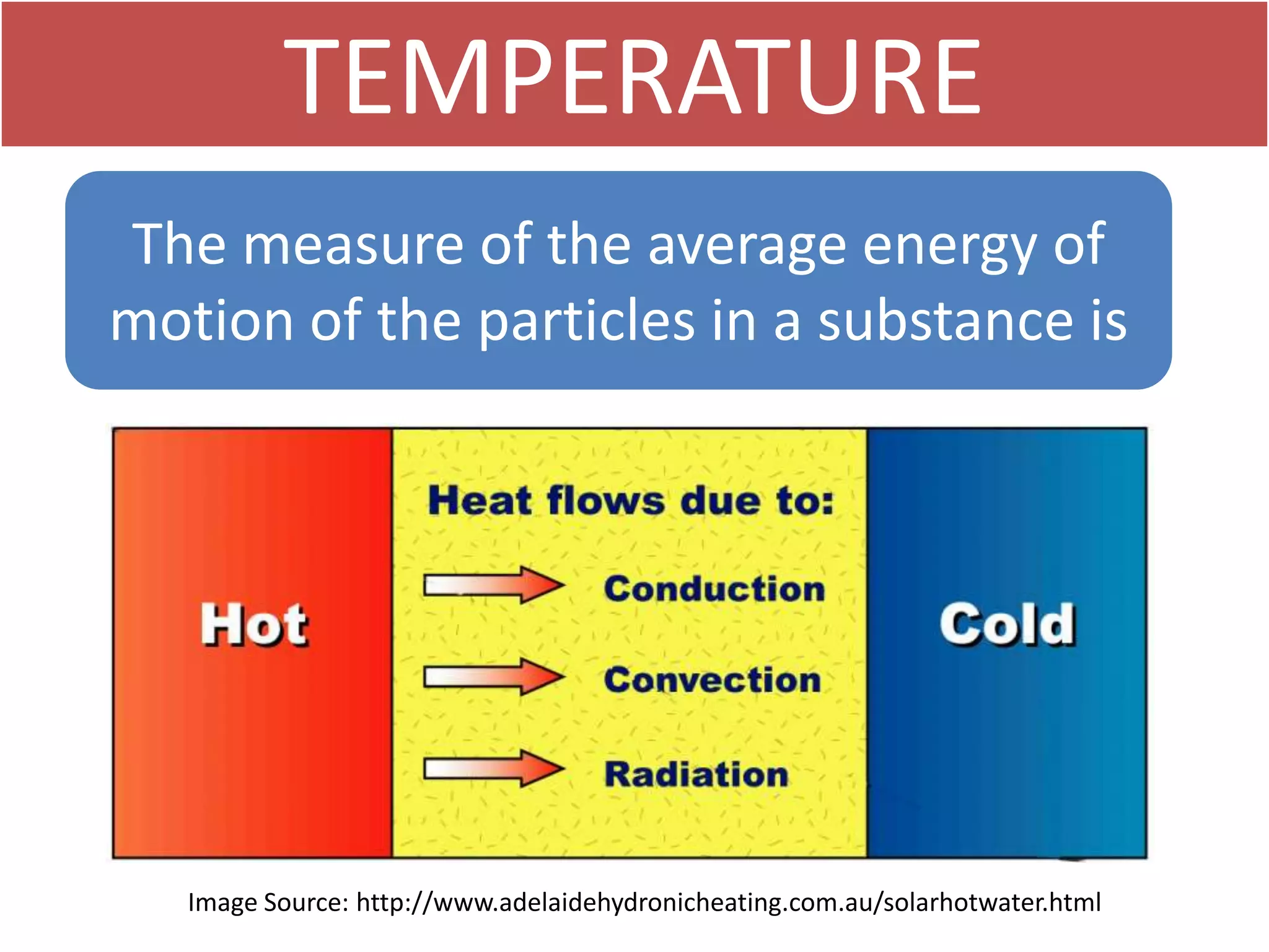 TEMPERATURE
The measure of the average energy of
motion of the particles in a substance is
Image Source: http://www.adelaidehydronicheating.com.au/solarhotwater.html