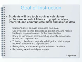 Goal of Instruction Students will use tools such as calculators, probeware, or web 2.0 tools to graph, analyze, interpret, and communicate math and science data .  Student's ability to make inferences from data Use evidence to offer descriptions, predictions, and models leading to explanations and further investigation Show an increase in communicating scientific procedures, results, and explanations Thinking critically and logically to bridge the relationships between evidence and explanations Recognizing and evaluating alternative explanations Reviewing experimental procedures Capstone 
