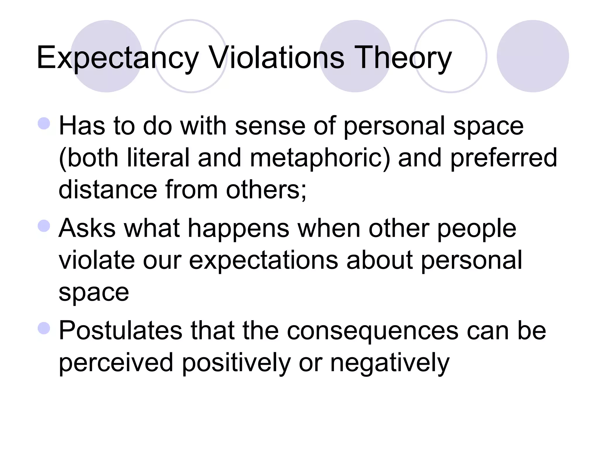 Expectancy Violations Theory Has to do with sense of personal space (both literal and metaphoric) and preferred distance from others; Asks what happens when other people violate our expectations about personal space Postulates that the consequences can be perceived positively or negatively 