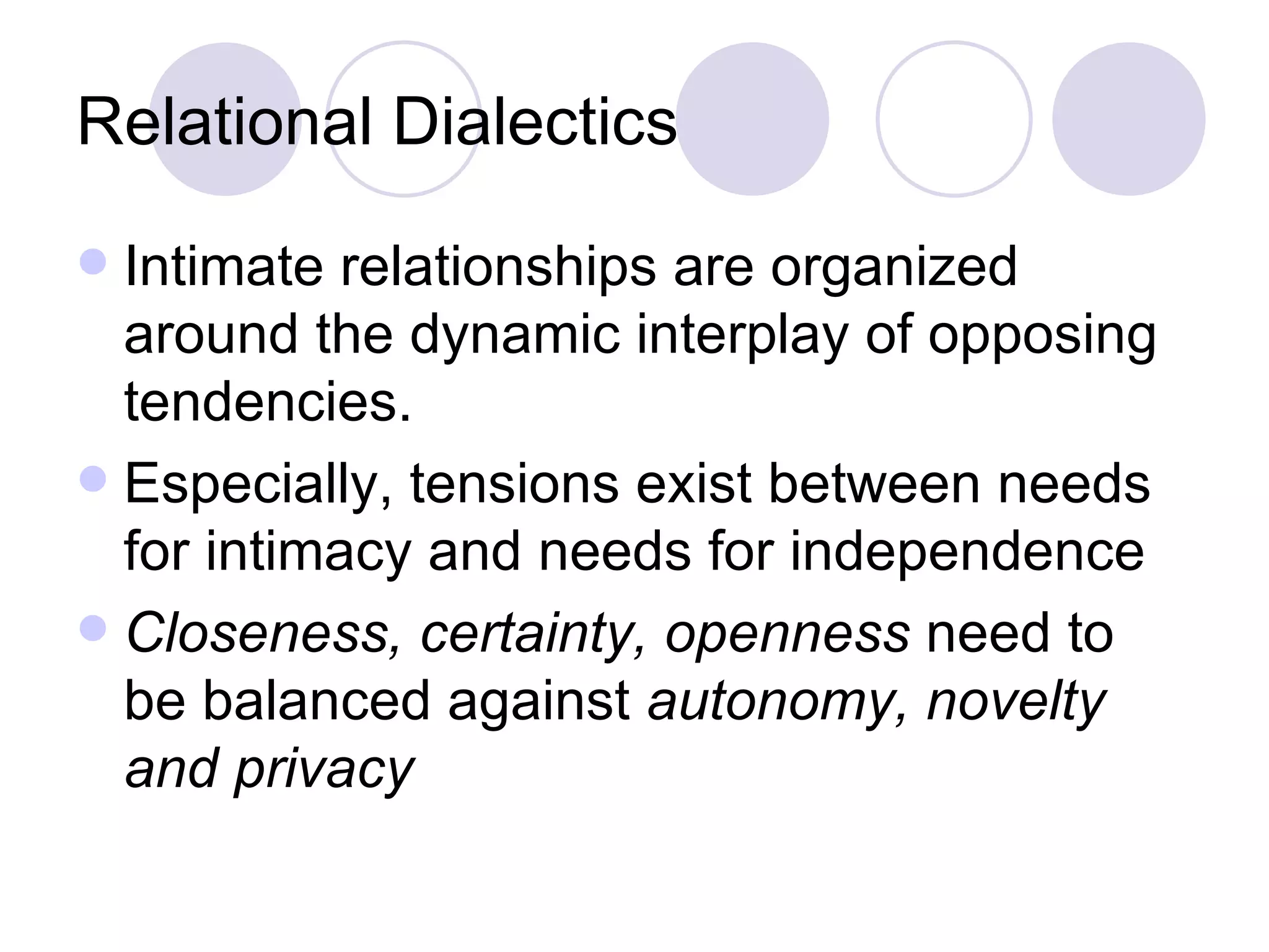 Relational Dialectics Intimate relationships are organized around the dynamic interplay of opposing tendencies.  Especially, tensions exist between needs for intimacy and needs for independence Closeness, certainty, openness  need to be balanced against  autonomy, novelty and privacy 