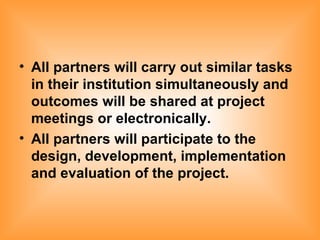 All partners will carry out similar tasks in their institution simultaneously and outcomes will be shared at project meetings or electronically. All partners will participate to the design, development, implementation and evaluation of the project. 